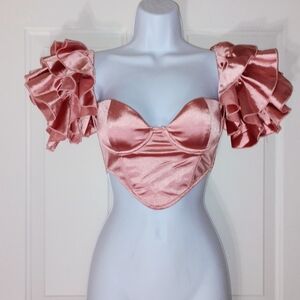 Hope's Rose Satin Ruffle Puff Sleeve Cropped Blouse New